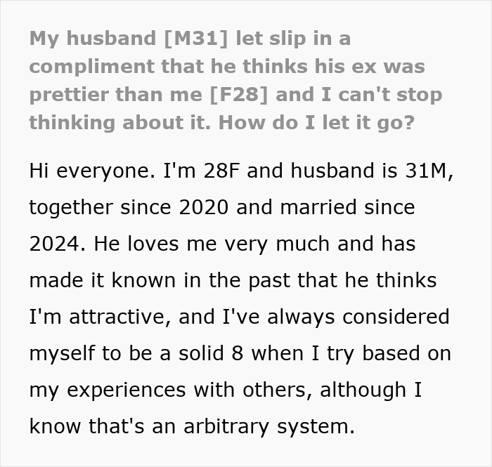 Wife Realizes Hubby “Downgraded” From Gorgeous To Kind, Crushed As He Says His Ex Was “Model Pretty” Wife Realizes Hubby “Downgraded” From Gorgeous To Kind, Crushed As He Says His Ex Was “Model Pretty”