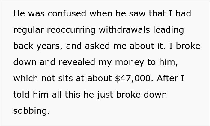 &ldquo;He Just Broke Down Sobbing&rdquo;: Man Hurt His SAH Wife Has $47k Stashed Away While He&rsquo;s Struggling