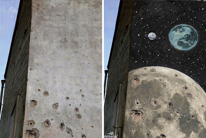 Iraqi Artist Turns Bullet-Ridden Walls Into Powerful Street Art About Hope (11 Pics)