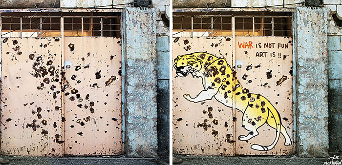 Iraqi Artist Turns Bullet-Ridden Walls Into Powerful Street Art About Hope (11 Pics)