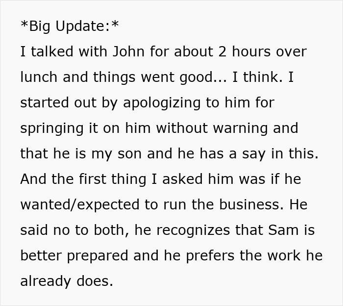 Retiring Dad Picks Prot&eacute;g&eacute; As Main Heir To The Business, Son Gets A Small Slice And More Resentment