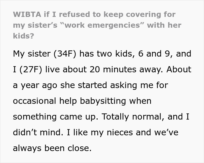 Mom Uses Sis As A Free Sitter Constantly, She Draws The Line After Realizing She’s “Co-Parenting” Mom Uses Sis As A Free Sitter Constantly, She Draws The Line After Realizing She’s “Co-Parenting”