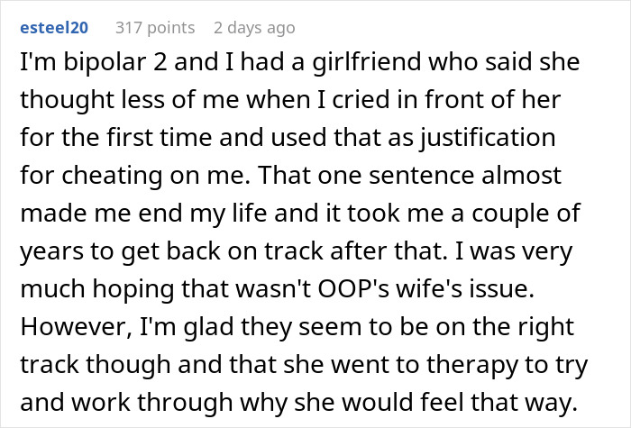 Man Praises Wife For Accepting Him When He Cries, Learns That She Loses Romantic Feelings Each Time
