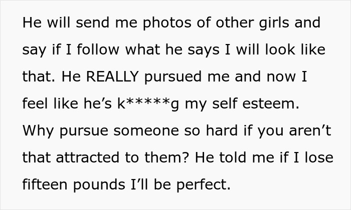 Man Pursues Woman And Makes Her His GF Just To Nag Her Every Day To Lose Weight