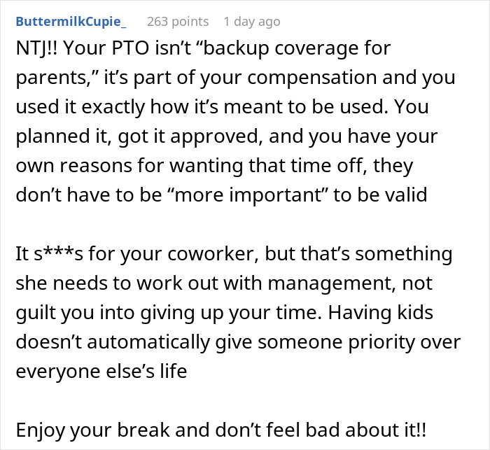 “Must Be Nice”: Coworkers Make Snarky Comments When Childfree Woman Refuses To Sacrifice Her PTO “Must Be Nice”: Coworkers Make Snarky Comments When Childfree Woman Refuses To Sacrifice Her PTO