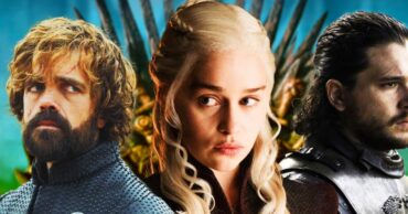 Peter Dinklage, Emilia Clarke, and Kit Harington posing in game of thrones