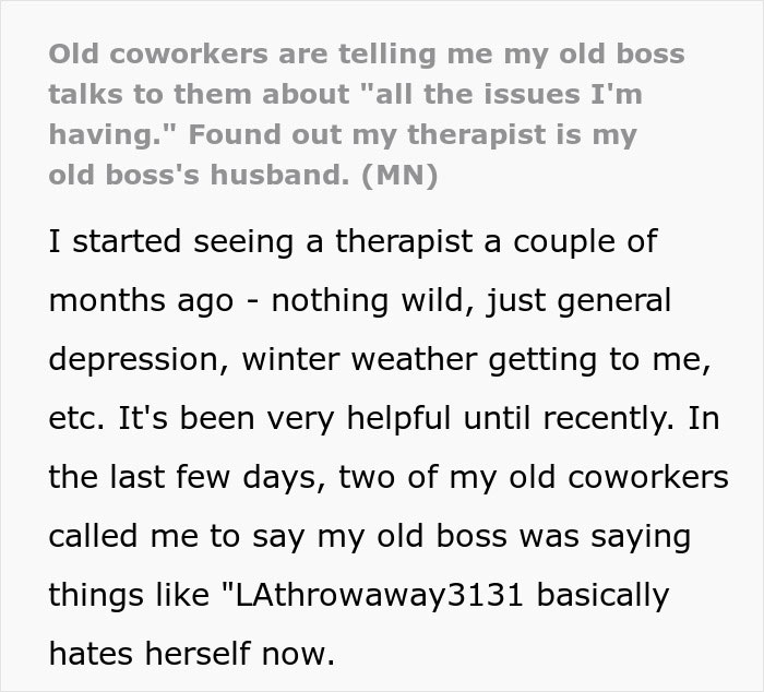 Woman Is Confused About How Coworkers Know So Much About Her, Turns Out Her Therapist Is Her Boss’s Husband