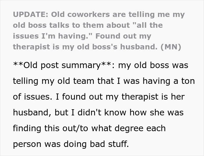 Woman Is Confused About How Coworkers Know So Much About Her, Turns Out Her Therapist Is Her Boss’s Husband