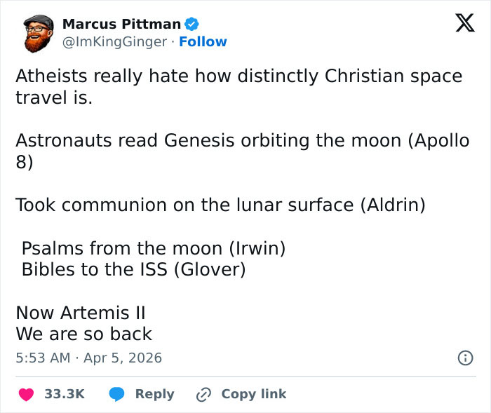 Man Claims Space Travel Is “Distinctly Christian” After Artemis II Broadcast&mdash;The Comments Did Not Disappoint