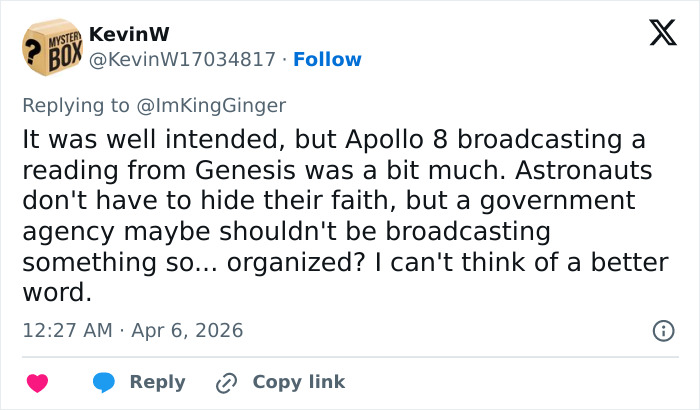 Man Claims Space Travel Is “Distinctly Christian” After Artemis II Broadcast&mdash;The Comments Did Not Disappoint