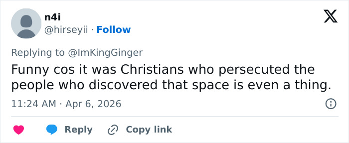 Man Claims Space Travel Is “Distinctly Christian” After Artemis II Broadcast&mdash;The Comments Did Not Disappoint