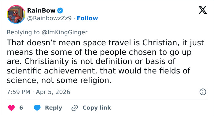 Man Claims Space Travel Is “Distinctly Christian” After Artemis II Broadcast&mdash;The Comments Did Not Disappoint