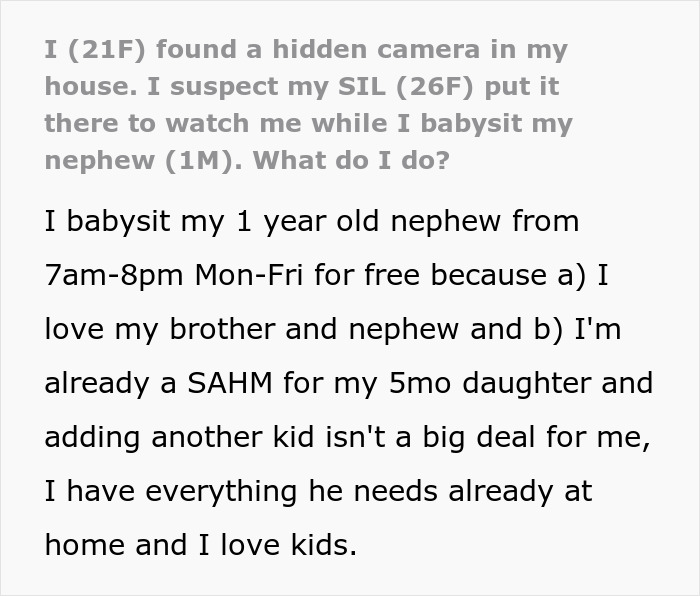 Woman Finds A Hidden Camera In Her Own Home, Suspects SIL Doesn’t Trust Her