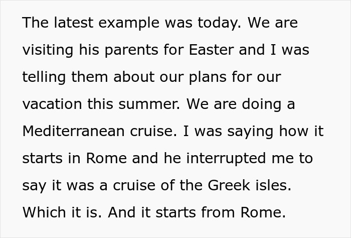 Man Upset Spouse Stopped Telling His Parents About Their Vacation Because He Interrupted Them
