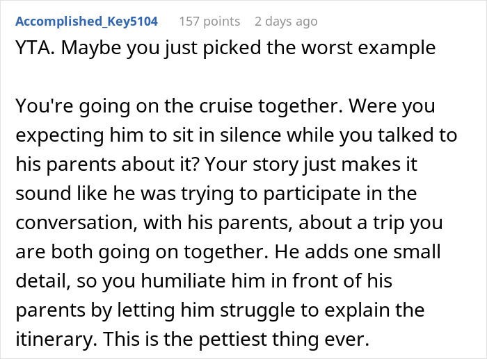 Man Upset Spouse Stopped Telling His Parents About Their Vacation Because He Interrupted Them