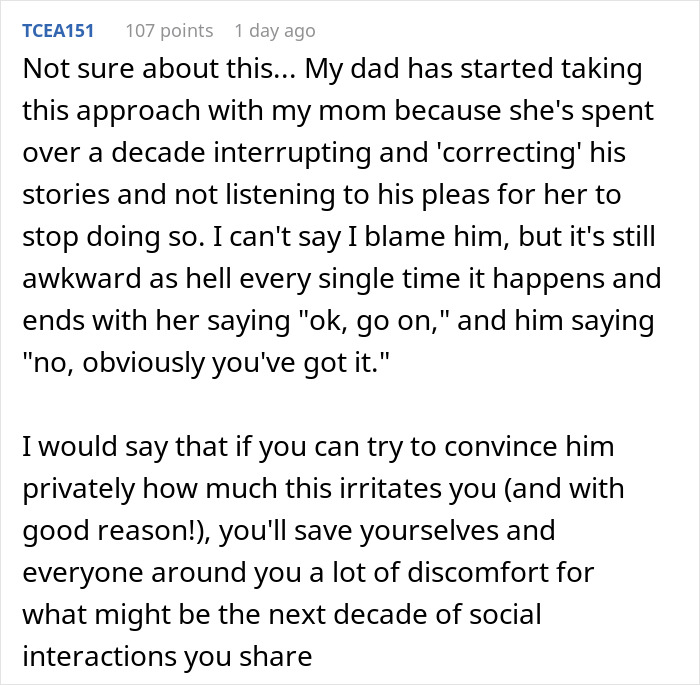 Man Upset Spouse Stopped Telling His Parents About Their Vacation Because He Interrupted Them