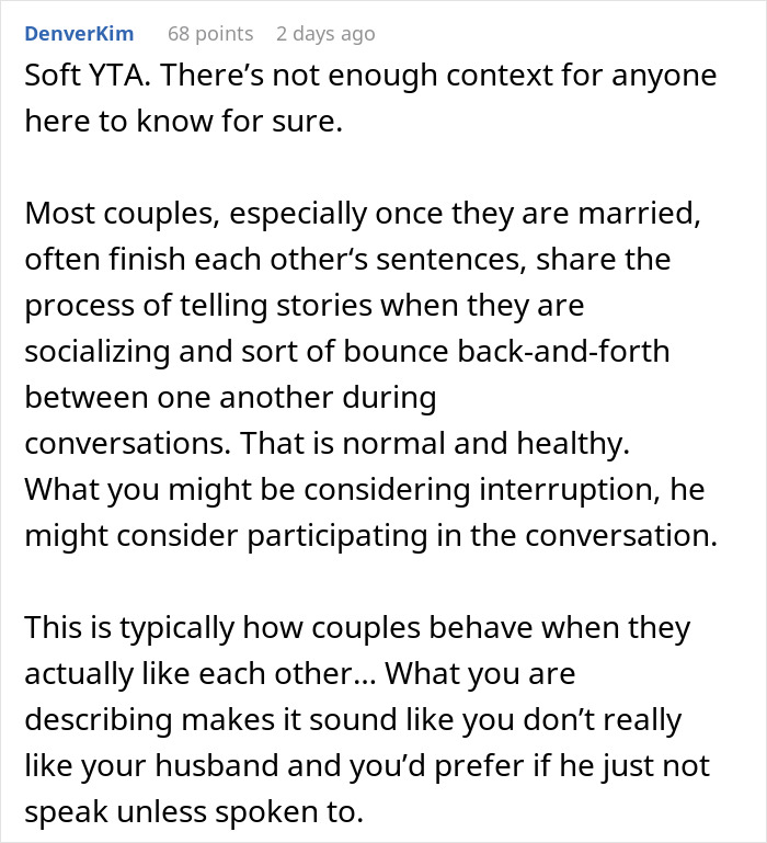 Man Upset Spouse Stopped Telling His Parents About Their Vacation Because He Interrupted Them