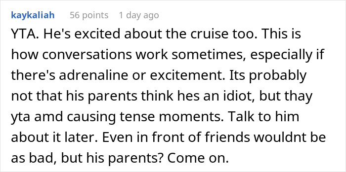 Man Upset Spouse Stopped Telling His Parents About Their Vacation Because He Interrupted Them