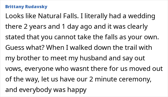 Bride Blocks Off Waterfall At Public Park For Her Wedding, Her Father Then Threatens People Who Complain
