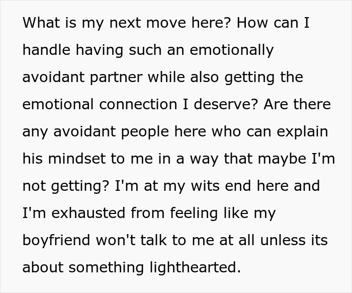 Avoidant BF Keeps Turning Basic Feelings Into Mind Games, Exhausted GF Refuses To Play Along Avoidant BF Keeps Turning Basic Feelings Into Mind Games, Exhausted GF Refuses To Play Along