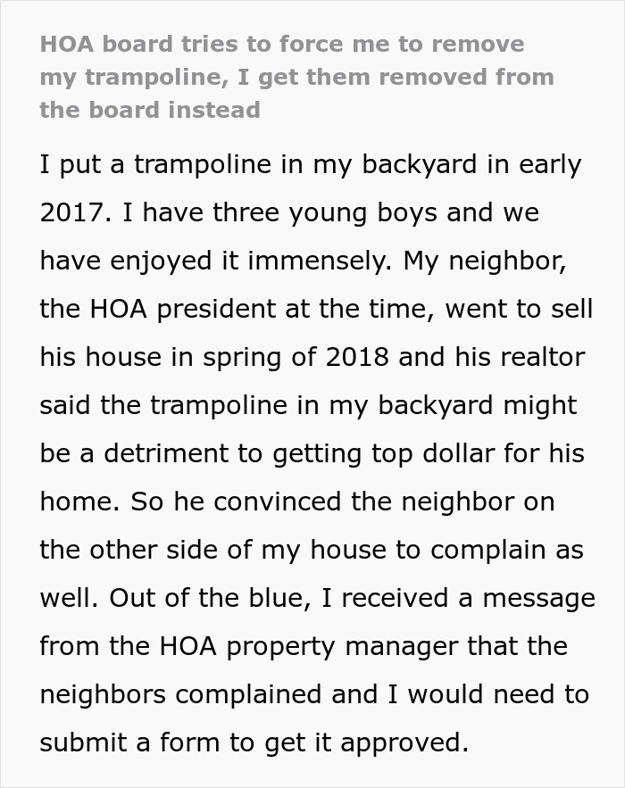HOA Demands Dad Remove Trampoline, So He Runs For The Board And Fires Them All Instead