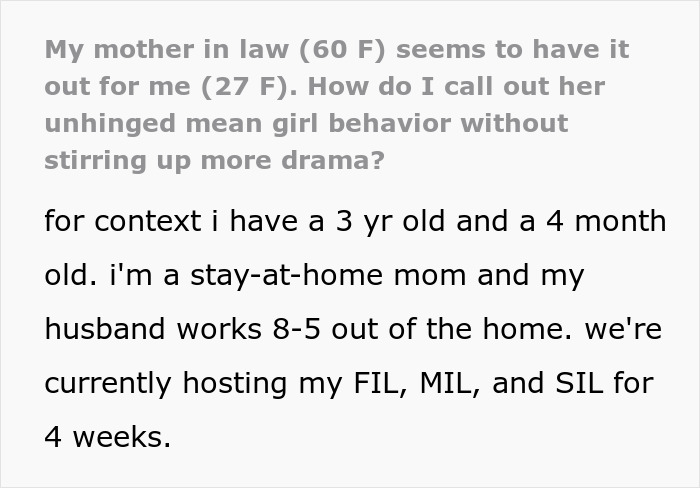 Woman Asks The Internet For Help Calling Out Her MIL’s “Unhinged Mean Girl Behavior” Woman Asks The Internet For Help Calling Out Her MIL’s “Unhinged Mean Girl Behavior”
