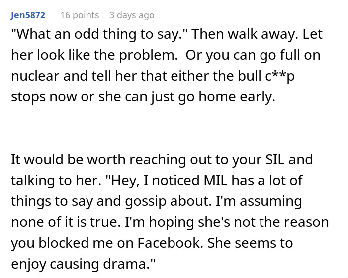 Woman Asks The Internet For Help Calling Out Her MIL’s “Unhinged Mean Girl Behavior” Woman Asks The Internet For Help Calling Out Her MIL’s “Unhinged Mean Girl Behavior”