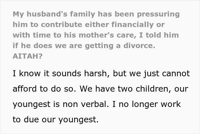 Woman Threatens Divorce If Husband Financially Contributes To His Mother’s Care: “Told Him That Is Nuts” Woman Threatens Divorce If Husband Financially Contributes To His Mother’s Care: “Told Him That Is Nuts”
