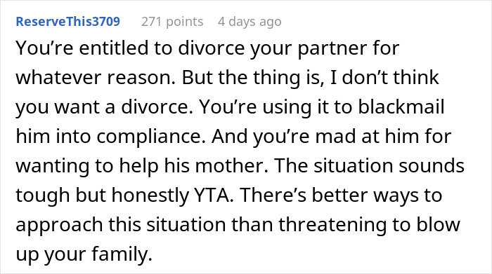 Woman Threatens Divorce If Husband Financially Contributes To His Mother’s Care: “Told Him That Is Nuts” Woman Threatens Divorce If Husband Financially Contributes To His Mother’s Care: “Told Him That Is Nuts”