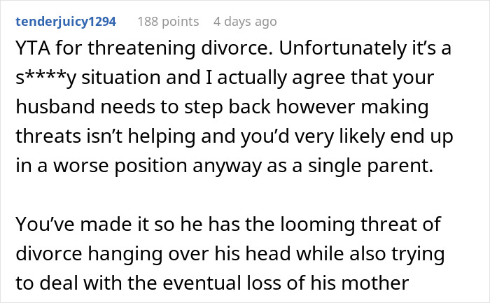 Woman Threatens Divorce If Husband Financially Contributes To His Mother’s Care: “Told Him That Is Nuts” Woman Threatens Divorce If Husband Financially Contributes To His Mother’s Care: “Told Him That Is Nuts”