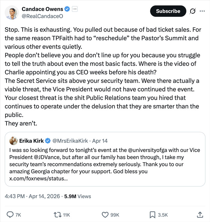 “Embarrassing” Revelation Behind Erika Kirk&rsquo;s Sudden Turning Point USA Pull‑Out