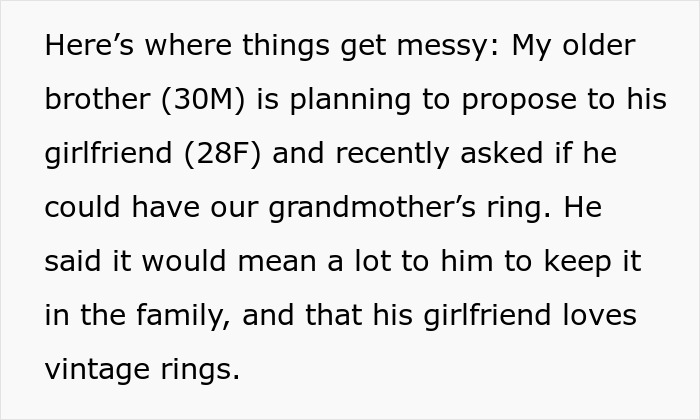 Bro Demands Sis Give Up Beloved Heirloom Ring For His Proposal, Calls Her Selfish As She Refuses