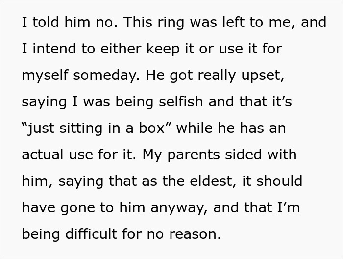 Bro Demands Sis Give Up Beloved Heirloom Ring For His Proposal, Calls Her Selfish As She Refuses