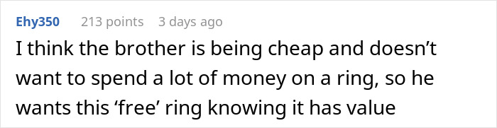 Bro Demands Sis Give Up Beloved Heirloom Ring For His Proposal, Calls Her Selfish As She Refuses