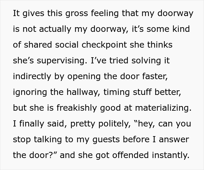 Woman Plays Concierge With Neighbor&rsquo;s Guests, Acts Offended As He Politely Asks Her To Stop