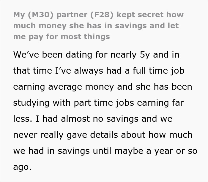 Man Upset GF Pretended To Be Broke For 5 Years When She Had $50K In Savings