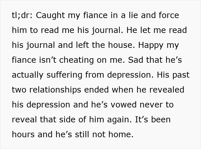 Woman Heartbroken After Reading Fianc&eacute;&rsquo;s Journal, Realizes The Affair She Suspected Is Depression