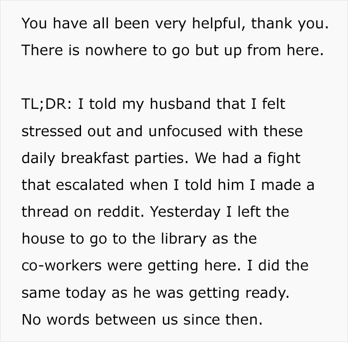 Husband Blows Up At Wife When She Confronts Him About Having To Cook Breakfast For His Colleagues
