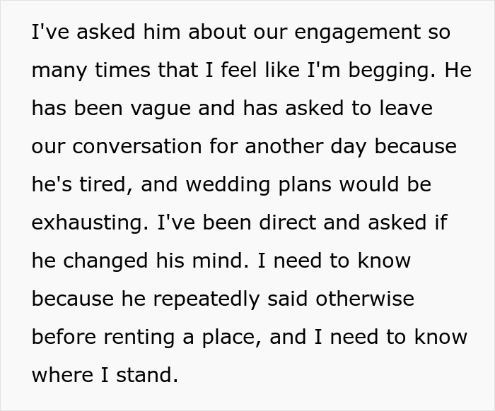 Guy Promises Engagement To Get GF To Move In, Spends Two Years Dodging The Topic Until She’s Done