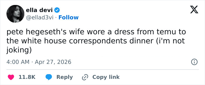 Pete Hegseth’s Wife Faces Backlash Over “Temu” Dress For White House Correspondents’ Dinner