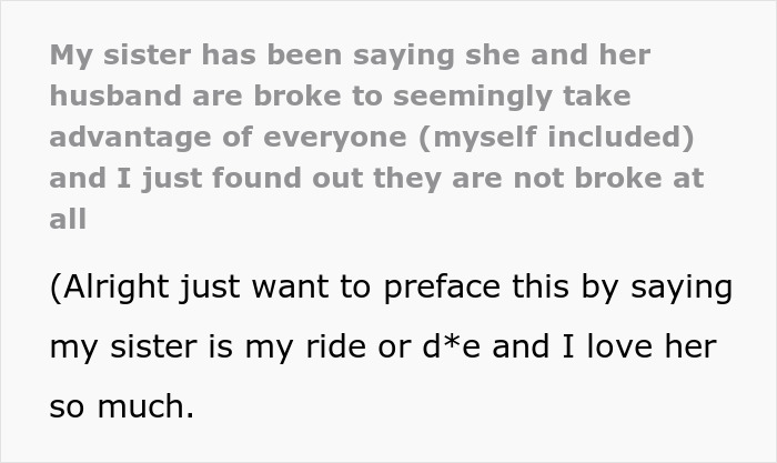 Couple Cry Poor For Years, But Expect Lavish $500 Gifts And Expenses Paid, Sis Finds Out The Truth