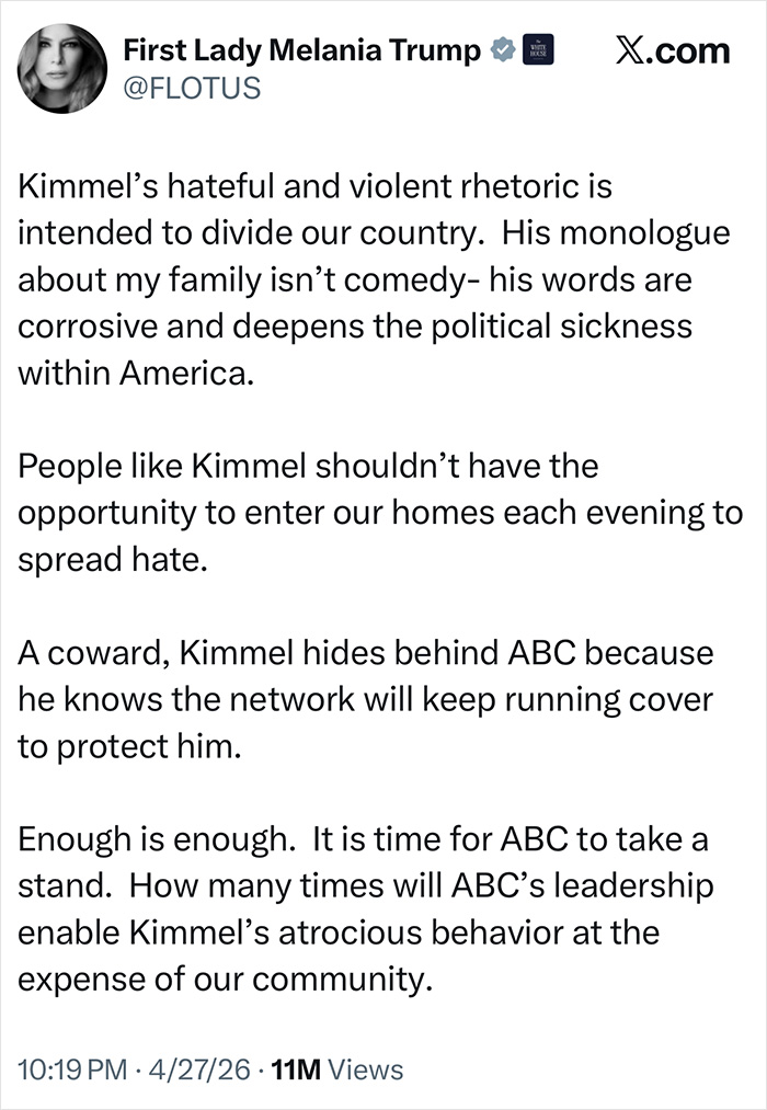 Melania Trump Blasts &lsquo;Coward&rsquo; Jimmy Kimmel Over Monologue Delivered Days Before WHCD Attack