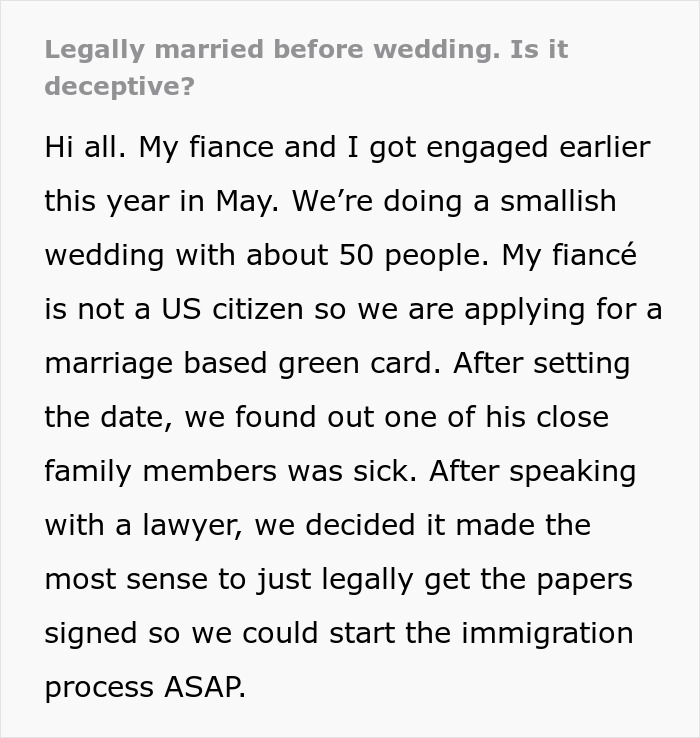 Couple Legally Marries Months Before The Wedding Ceremony, Bride Starts Panicking That It Will Upset Guests