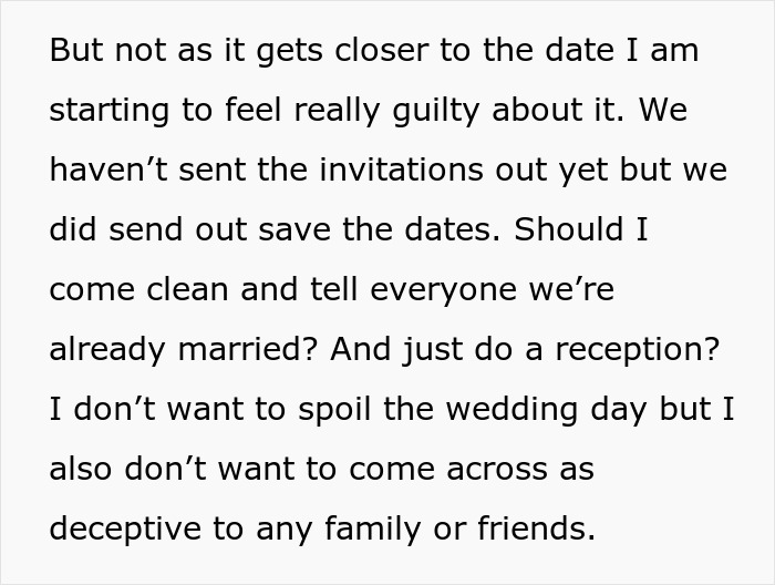 Couple Legally Marries Months Before The Wedding Ceremony, Bride Starts Panicking That It Will Upset Guests