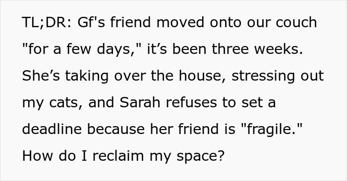 Woman Crashes At Friend&rsquo;s Home After Breakup, Blasts Reality TV And Stresses Out The Cats