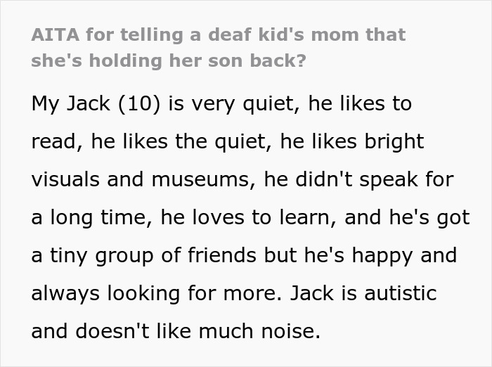 Controlling Mom Enforces Loneliness On Deaf Son Out Of Fear, Gets Called Out By Another Parent
