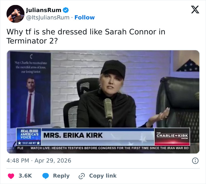 &ldquo;Dressed Like Sarah Connor In Terminator 2&rdquo;: Erika Kirk Breaks Silence After WHCD Attack
