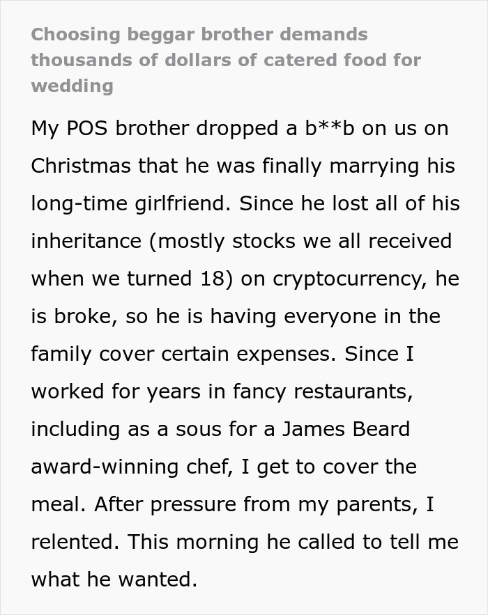 Broke Groom Wastes His Inheritance, Somehow Expects Chef Sis To Cater His Entire Wedding For Free