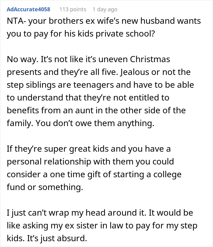 “Preposterous”: Parents Expect Rich Aunt To Pay $120K A Year For Step-Niblings’ School