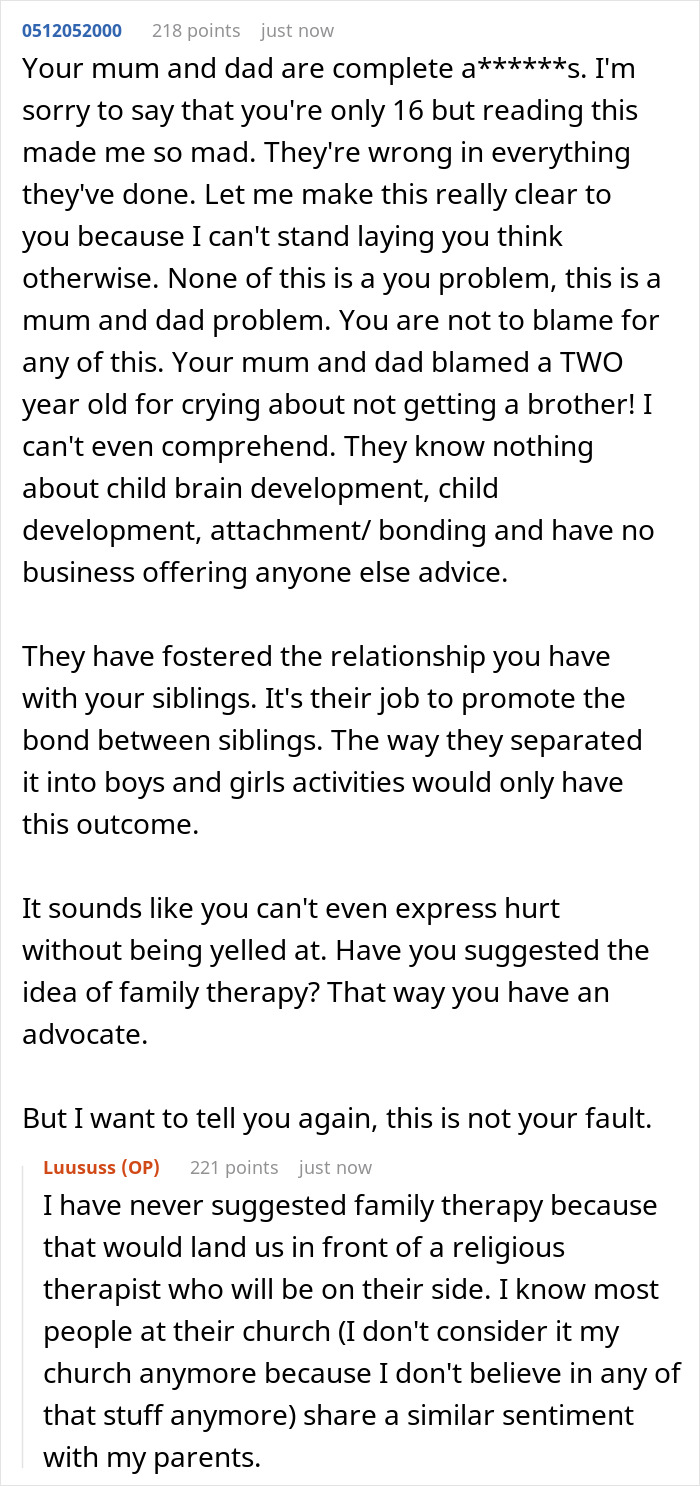 Lonely 16YO Wants A Brother As He Has 5 Sisters, Parents Who Enforced Gender Roles Shame Him For It